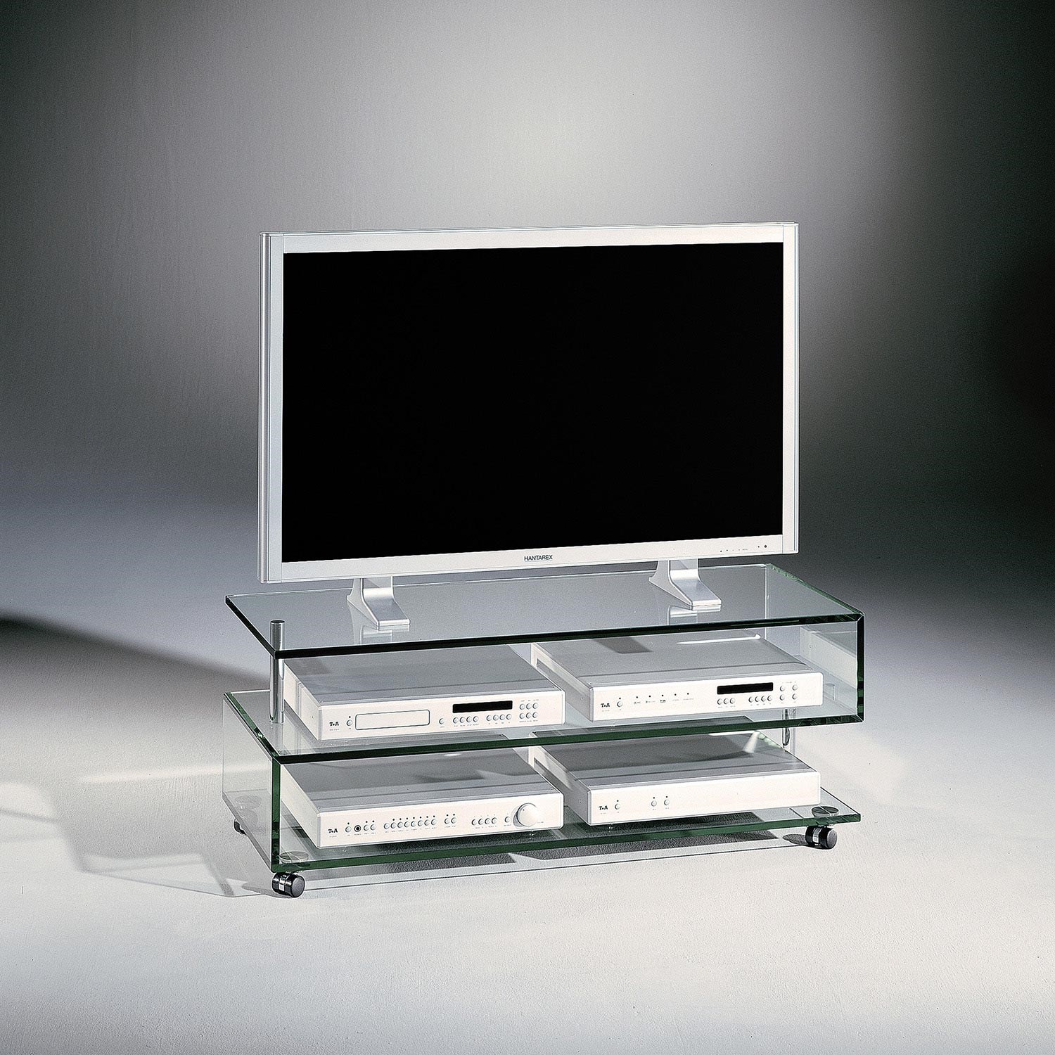 DREIECK DESIGN - glass tv rack LOGO X - FLOATGLASS clear