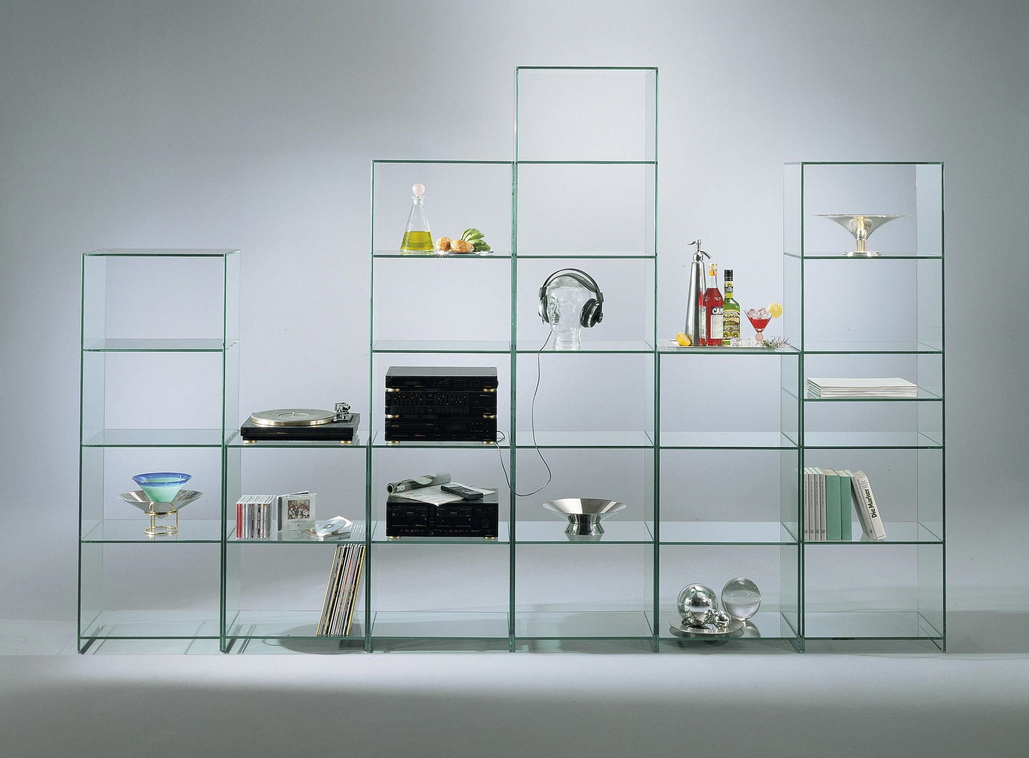 Glass shelves TOURELLE by DREIECK DESIGN: T III + T I + T IV + T V + T II + T IV (with additional shelve) - FLOATGLASS