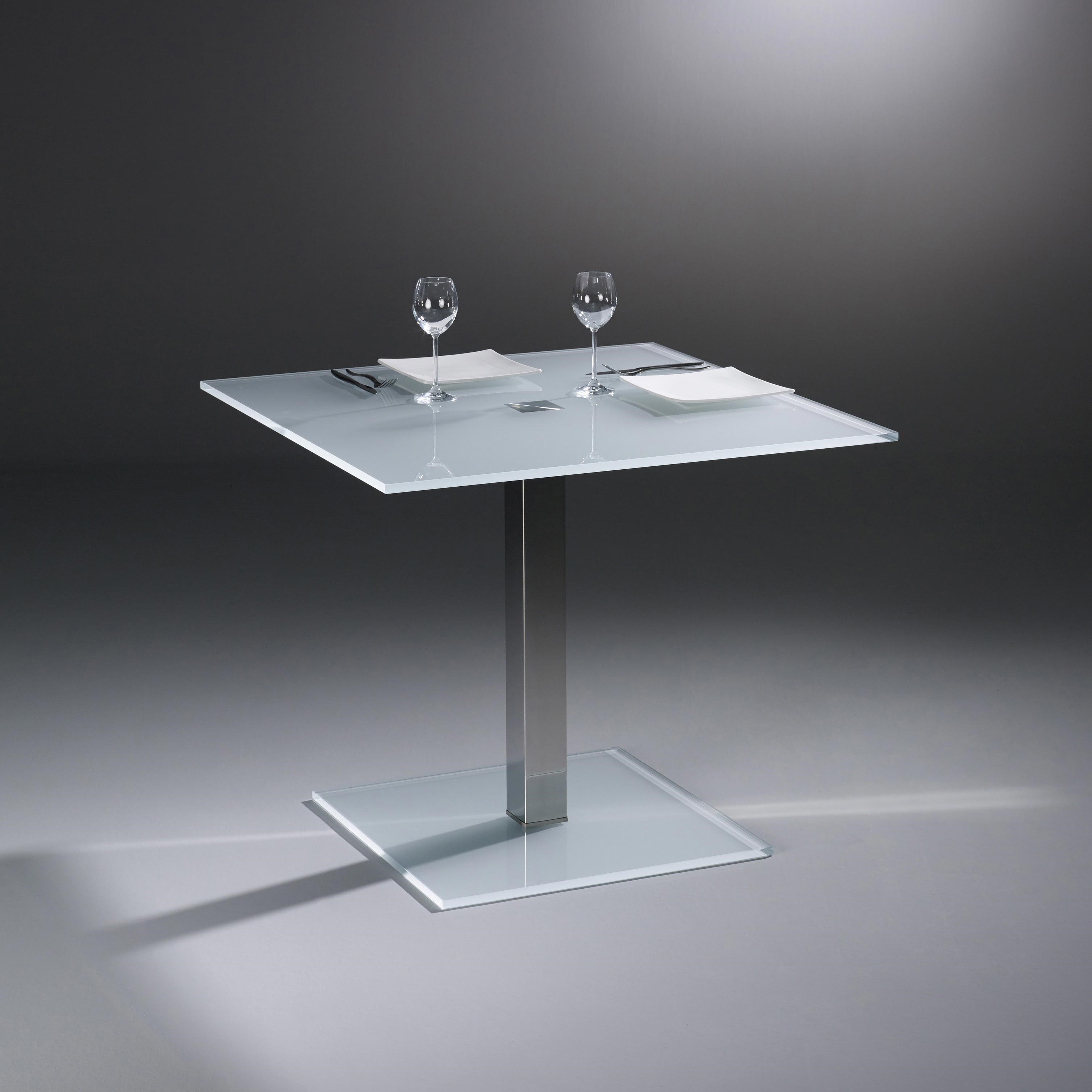 Glass table QUADRO SOLO by DREIECK DESIGN: QS 9974 - OPTIWHITE satinated - table feet stainless steel polished