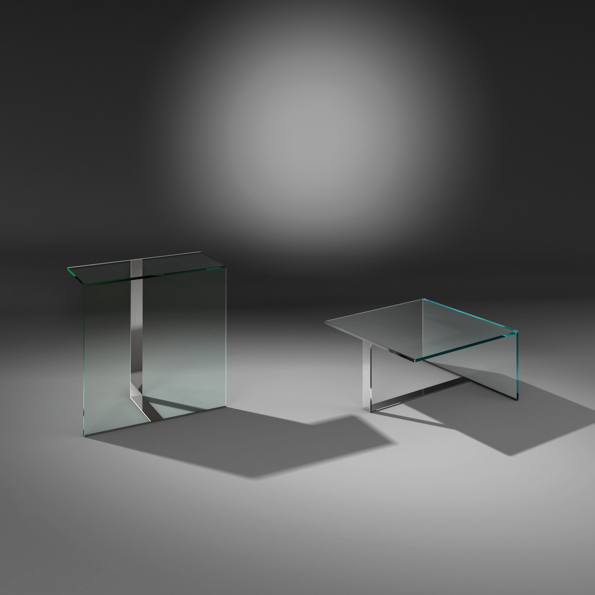 Glass coffee table DAVIS SOLO by DREIECK DESIGN: DAVIS SOLO 88 - Floatglass clear and Optiwhite clear - base stainless steel brushed
