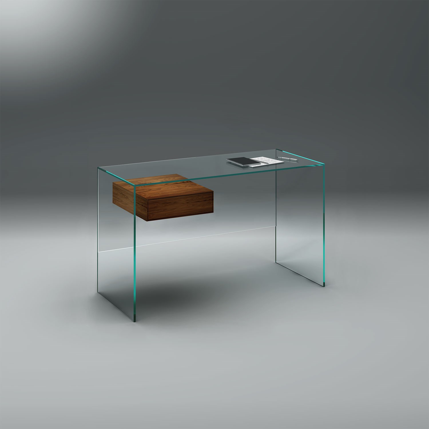 Glasschreibtisch mit Schublade FLY von DREIECK DESIGN: Glas Optiwhite - Schubladenelement Nussbaum 