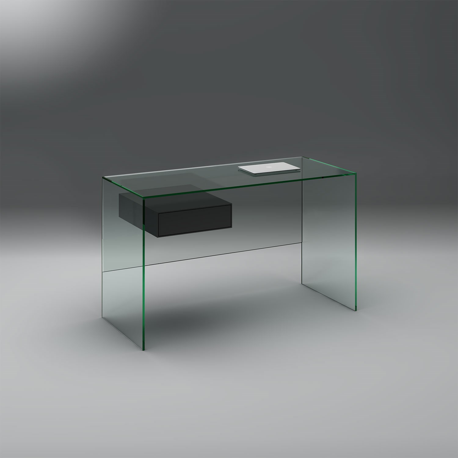 Glasschreibtisch mit Schublade FLY von DREIECK DESIGN: Glas Floatglas - Schublade seidenmatt lackiert anthrazitgrau