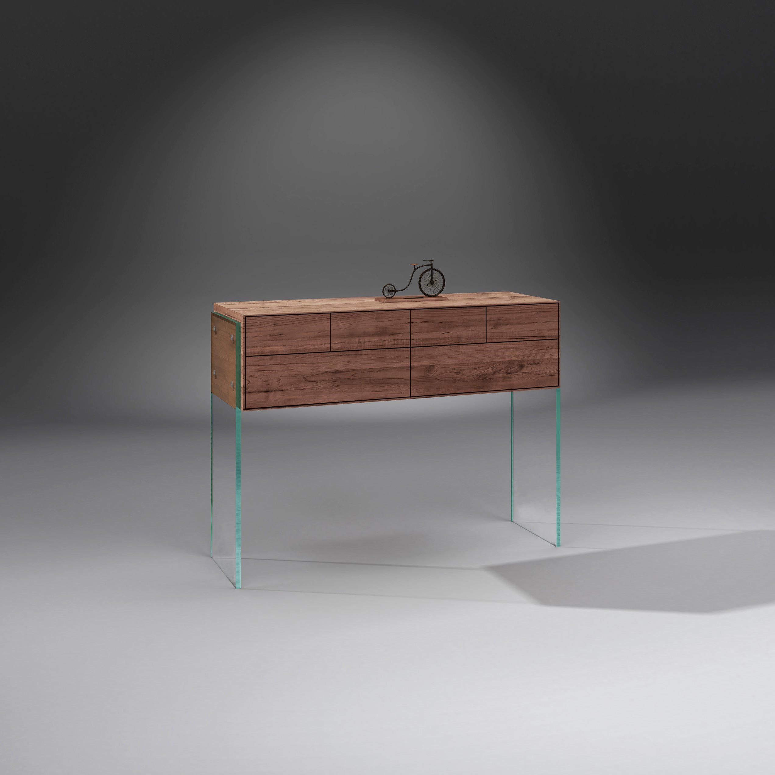Solid wood console FLAIR 120 by DREIECK DESIGN: Glass OPTIWHITE + solid walnut