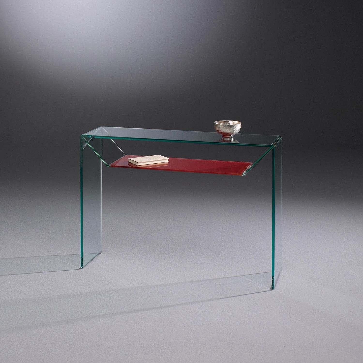 Glass console table BRIDGE by DREIECK DESIGN: B 128 - FLOATGLASS + shelf ruby red