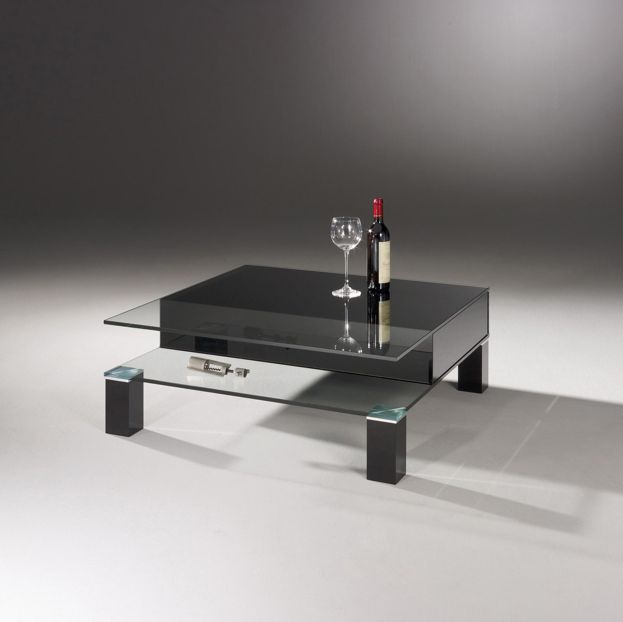 Glass cocktail table THEBEN by DREIECK DESIGN: THEBEN 99/2 (with two drawers) - FLOATGLASS partial color jet black