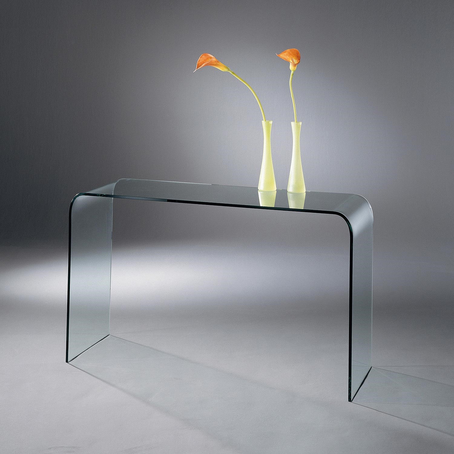 Bent glass console table UT 33 by DREIECK DESIGN: FLOATGLASS clear