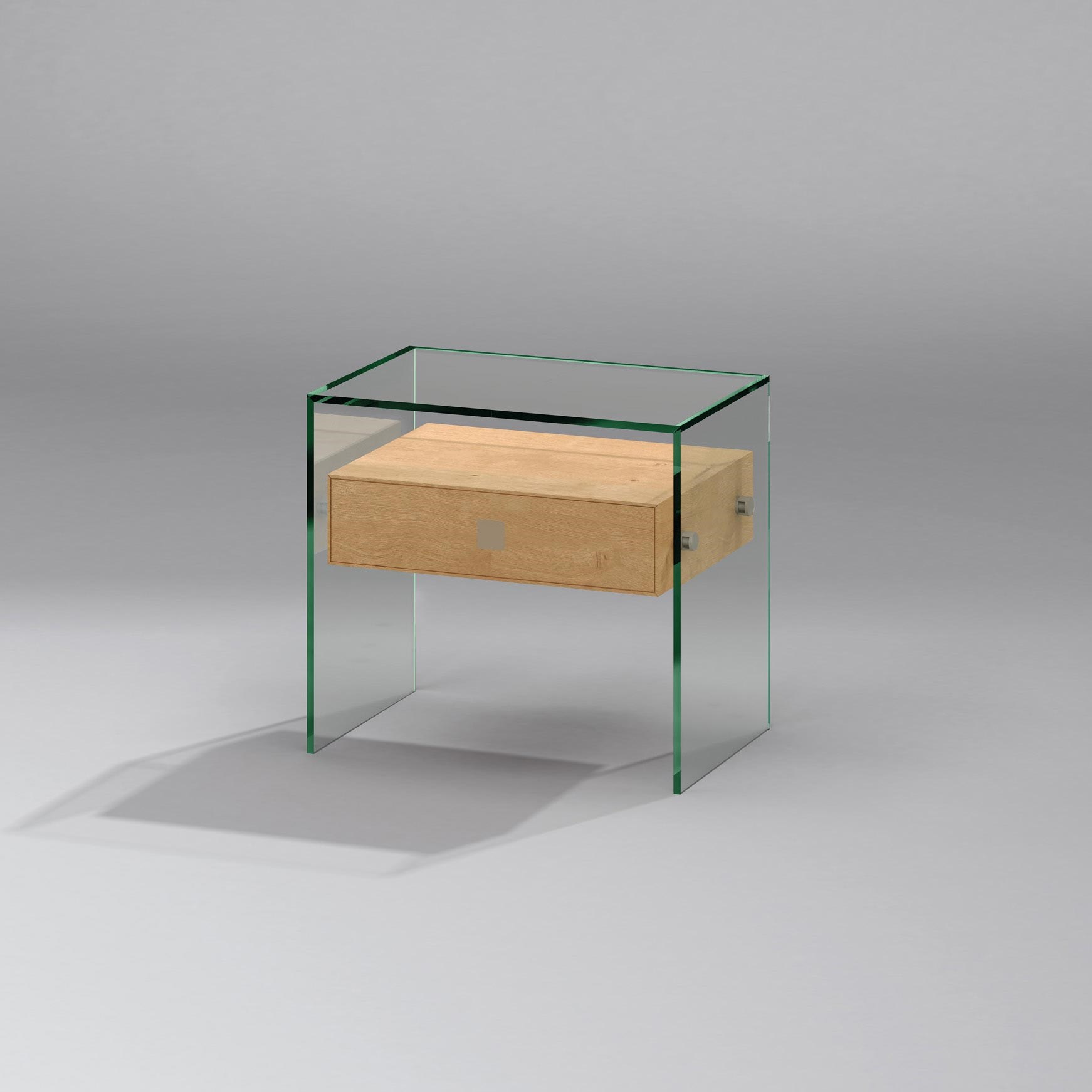 Glass bedside table PURE WOOD by DREIECK DESIGN: FLOATGLAS+ solid wood oak