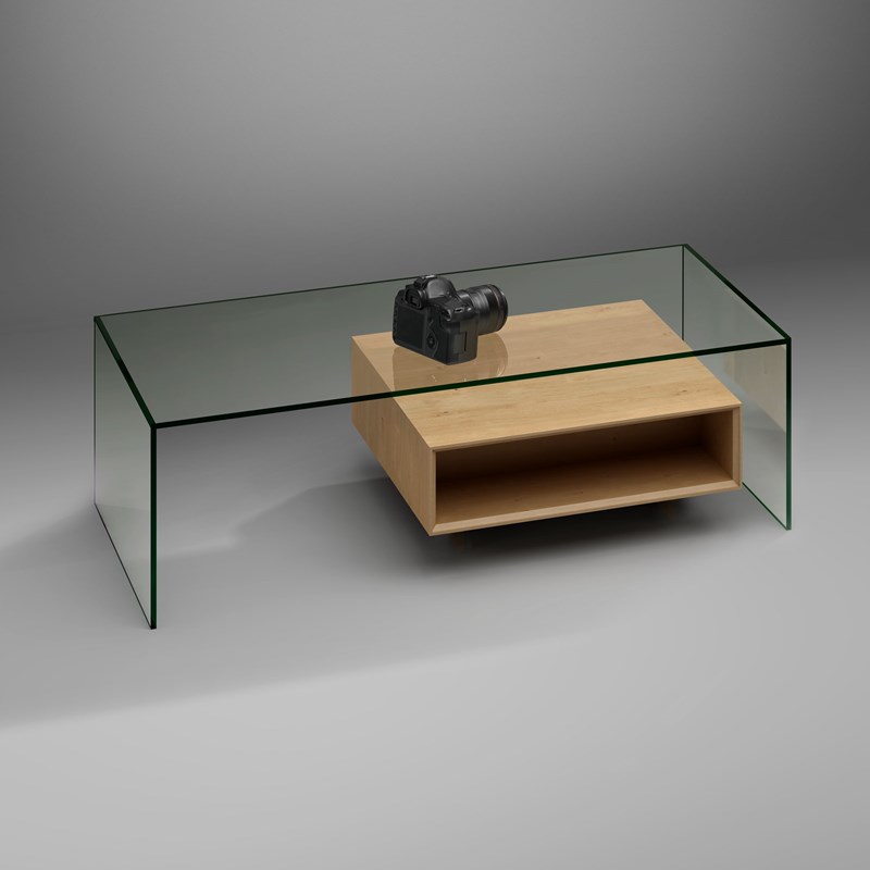 FLY coffee table by DREIECK DESIGN - Floatglass - solid wood oak - back view