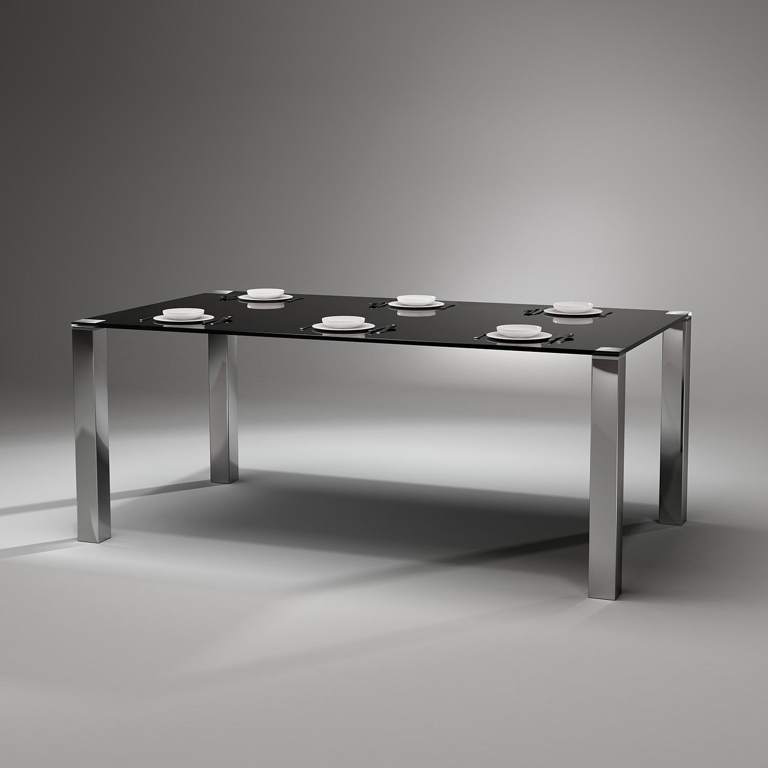 Moderner Glastisch QUADRO MAGNUM von DREIECK DESIGN: QM 2072 - FLOATGLAS color tiefschwarz - Tischfüße Edelstahl handpoliert