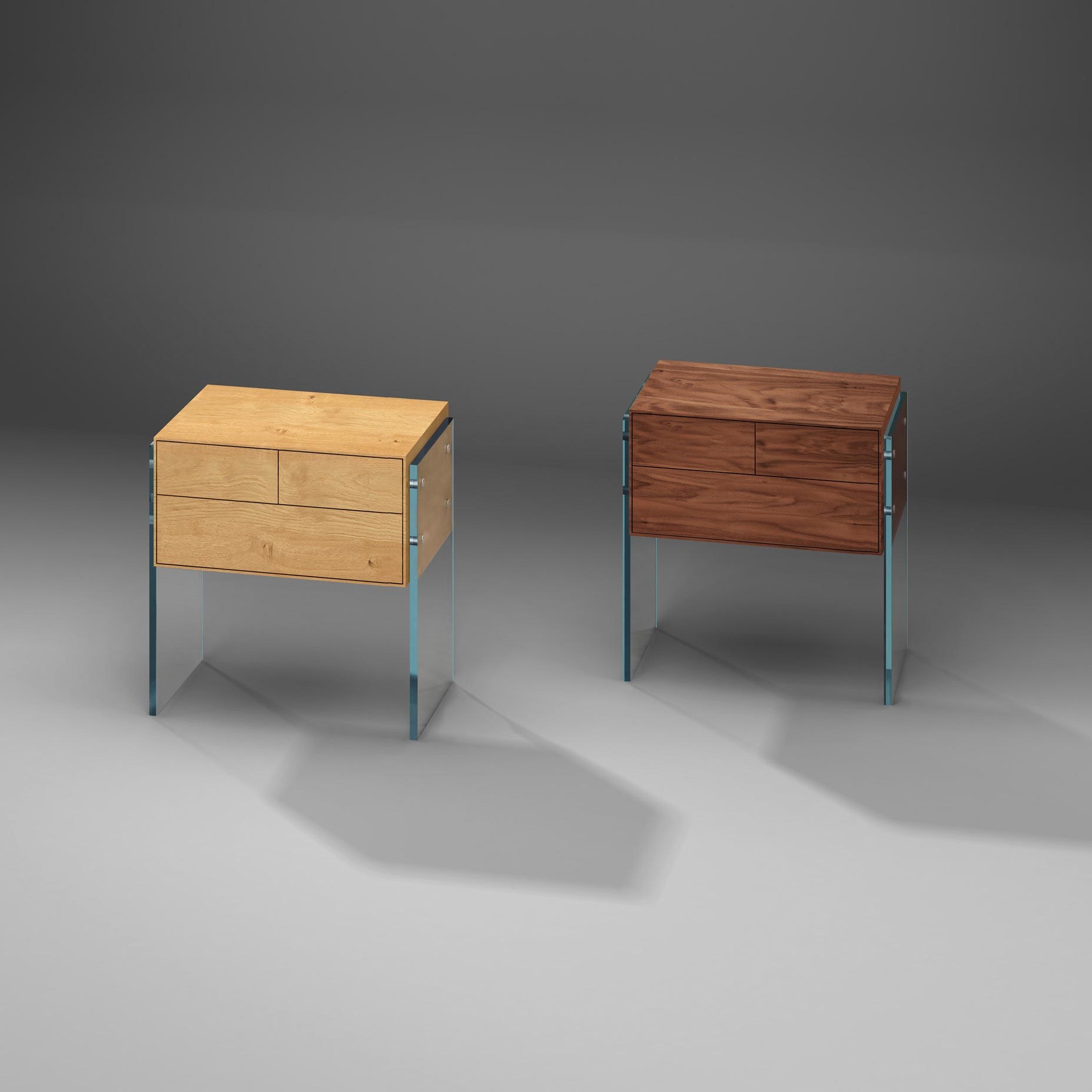 Solid wood nightstand FLAIR by DREIECK DESIGN: FLAIR 52 with 3 drawers - OPTIWHITE oak + walnut