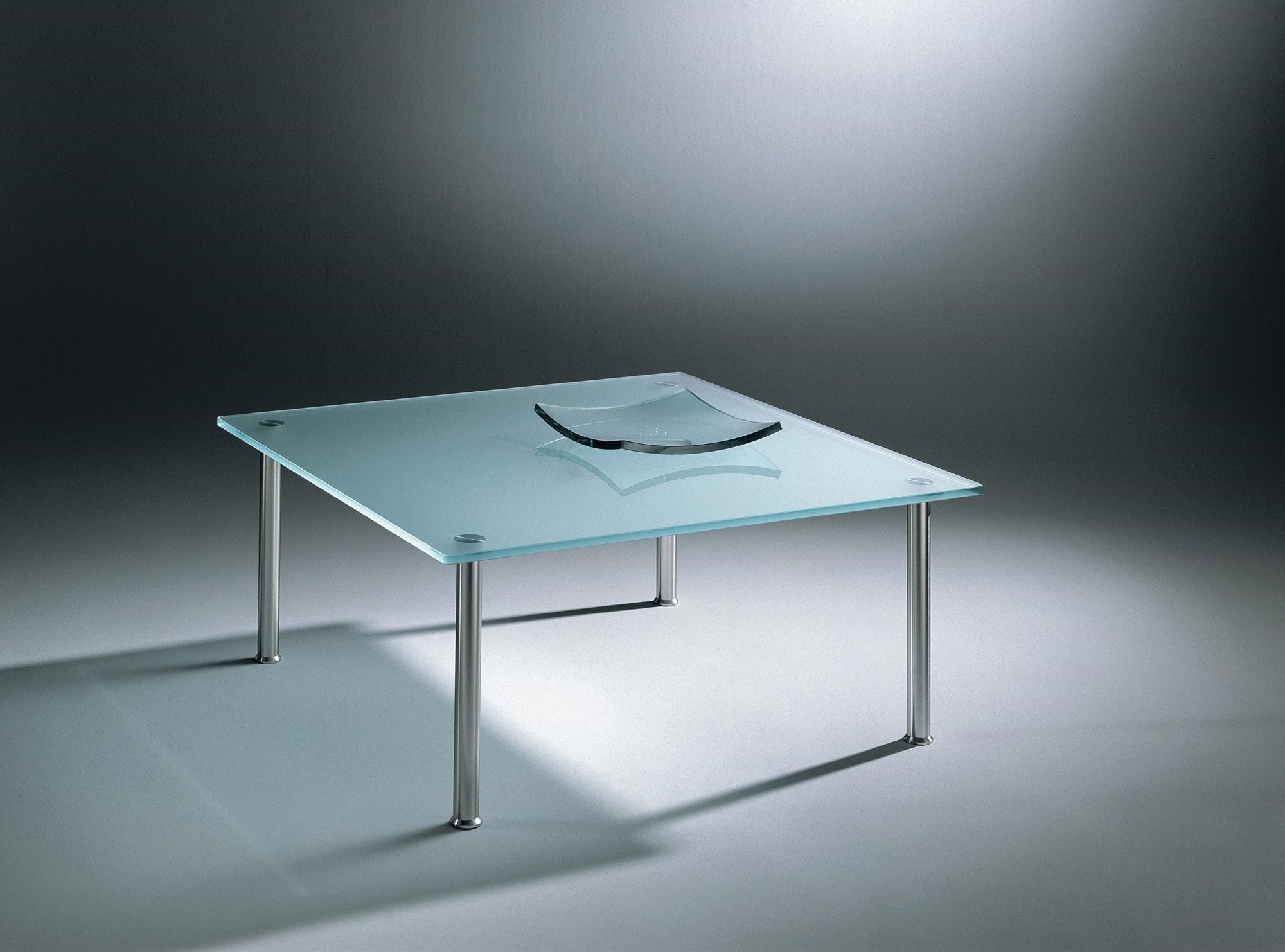 Glass cocktail table SIRIUS by DREIECK DESIGN: S 9940 - FLOATGLASS satinated - rounded corners - table feet stainless steel brushed