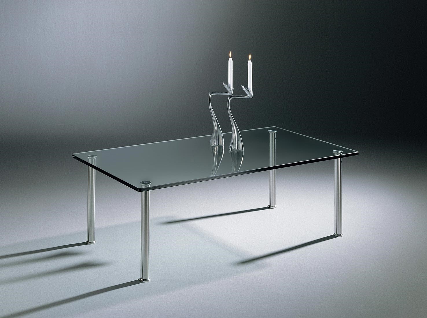 Glass cocktail table SIRIUS by DREIECK DESIGN: S 2740 - FLOATGLASS clear - rounded corners - table feet stainless steel brushed
