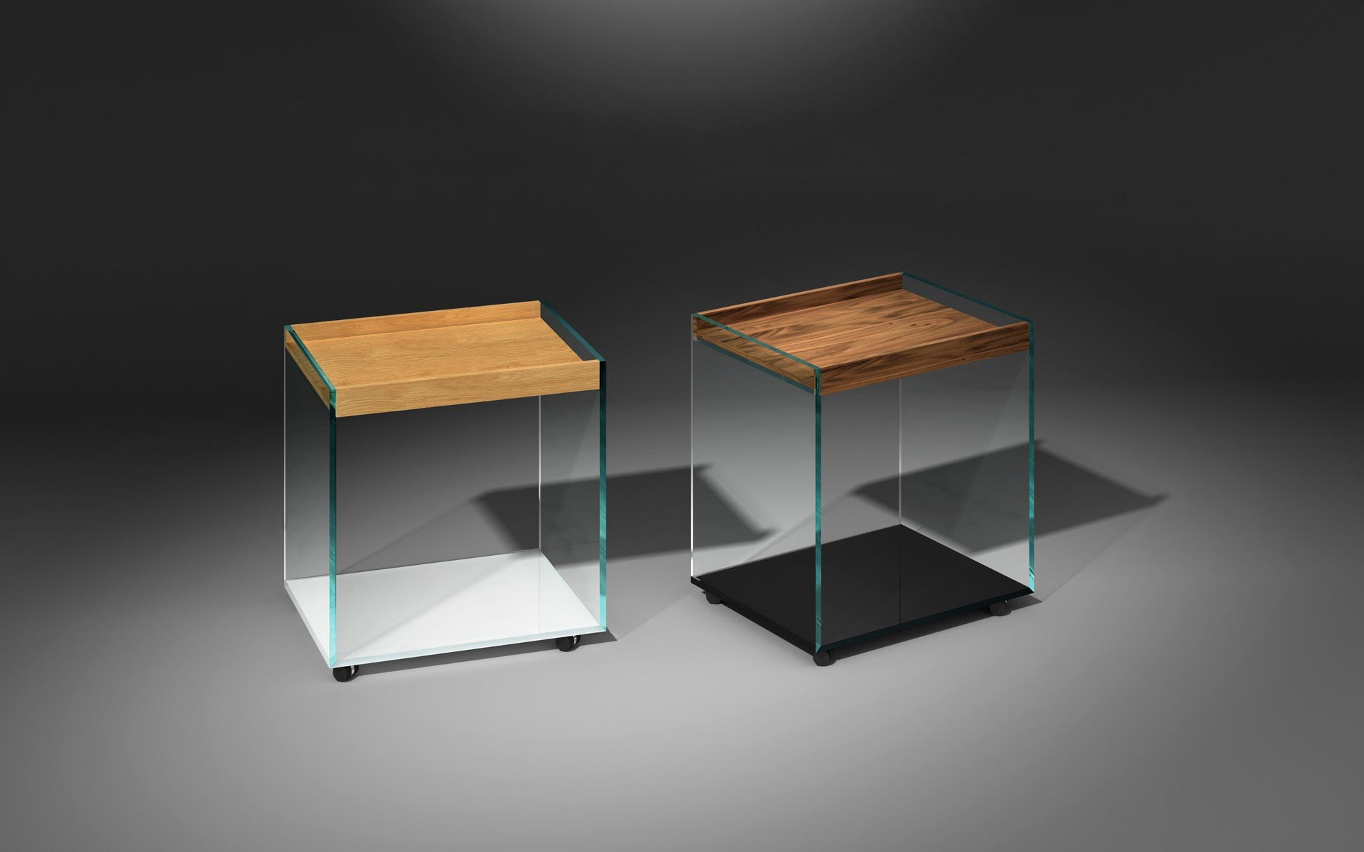 Glass side table with TRAY: 50 OPTWHITE partial pure white - tray OAK + 50 OPTIWHITE partial jet black - tray WALNUT
