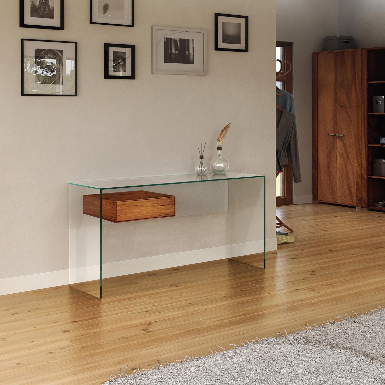 Glass desk FLY by DREIECK DESIGN - glass floatglass - drawer solid wood walnut