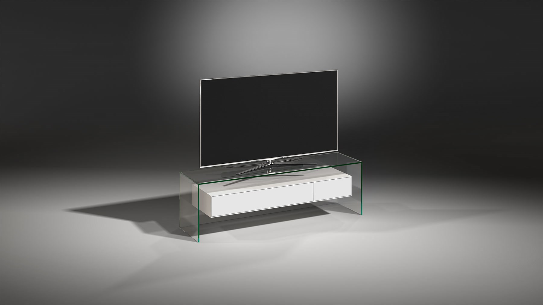 Fernsehrack aus Glas mit weiß lackiertem Schubladenelement - FLY 127 Floatglas - MDF seidenmatt weiß lackiert