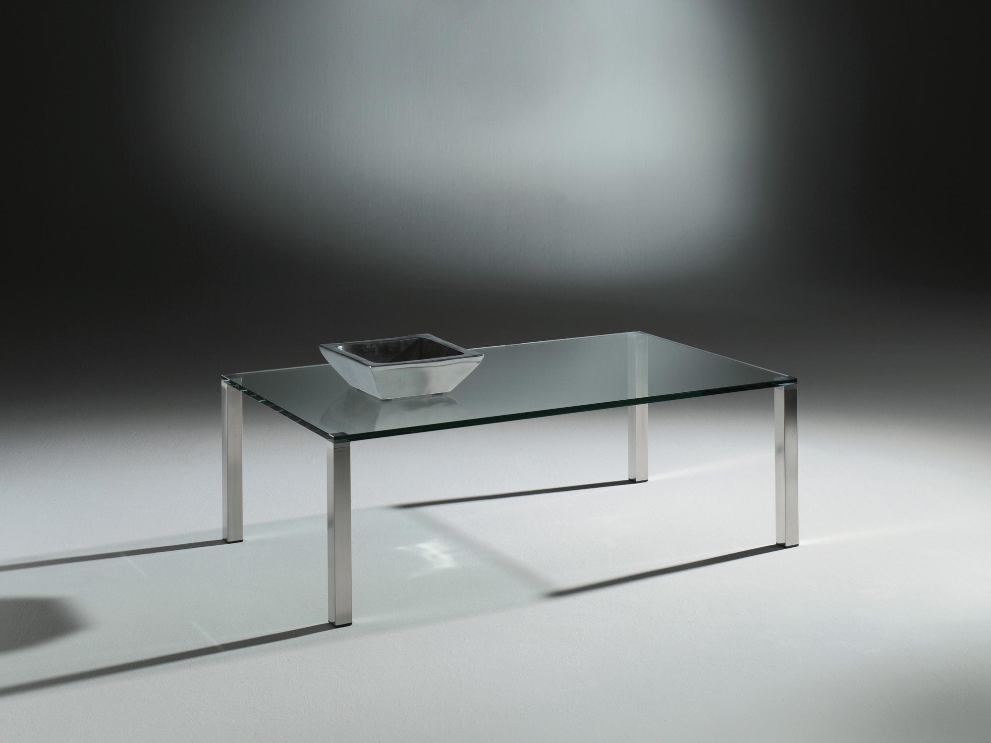 Glascouchtisch mit Edelstahlfüßen QUADRO von DREIECK DESIGN: Q 2740 - FLOATGLAS klar - Tischfüße Edelstahl gebürstet
