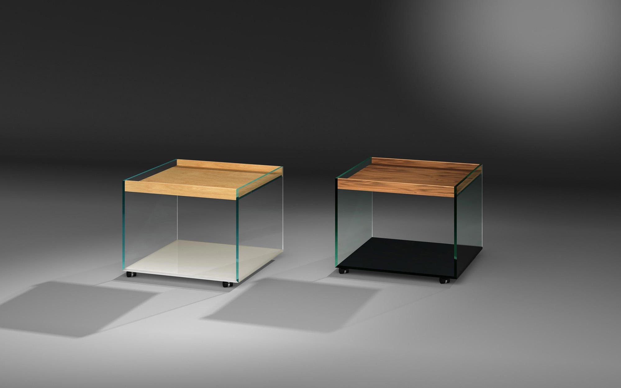 Glass side table with TRAY: 60 OPTWHITE partial pearl white - tray OAK + 60 FLOATGLASS partial jet black - tray WALNUT