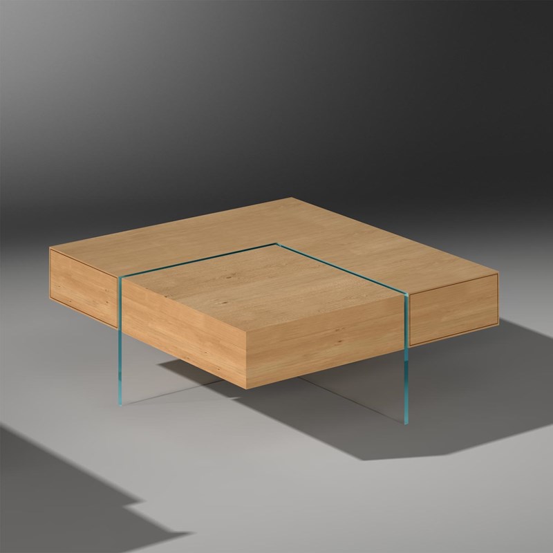 Coffee table MONUMENT with two drawers and turnable tray - made of solid oak - 95 x 95 x 36,5 cm