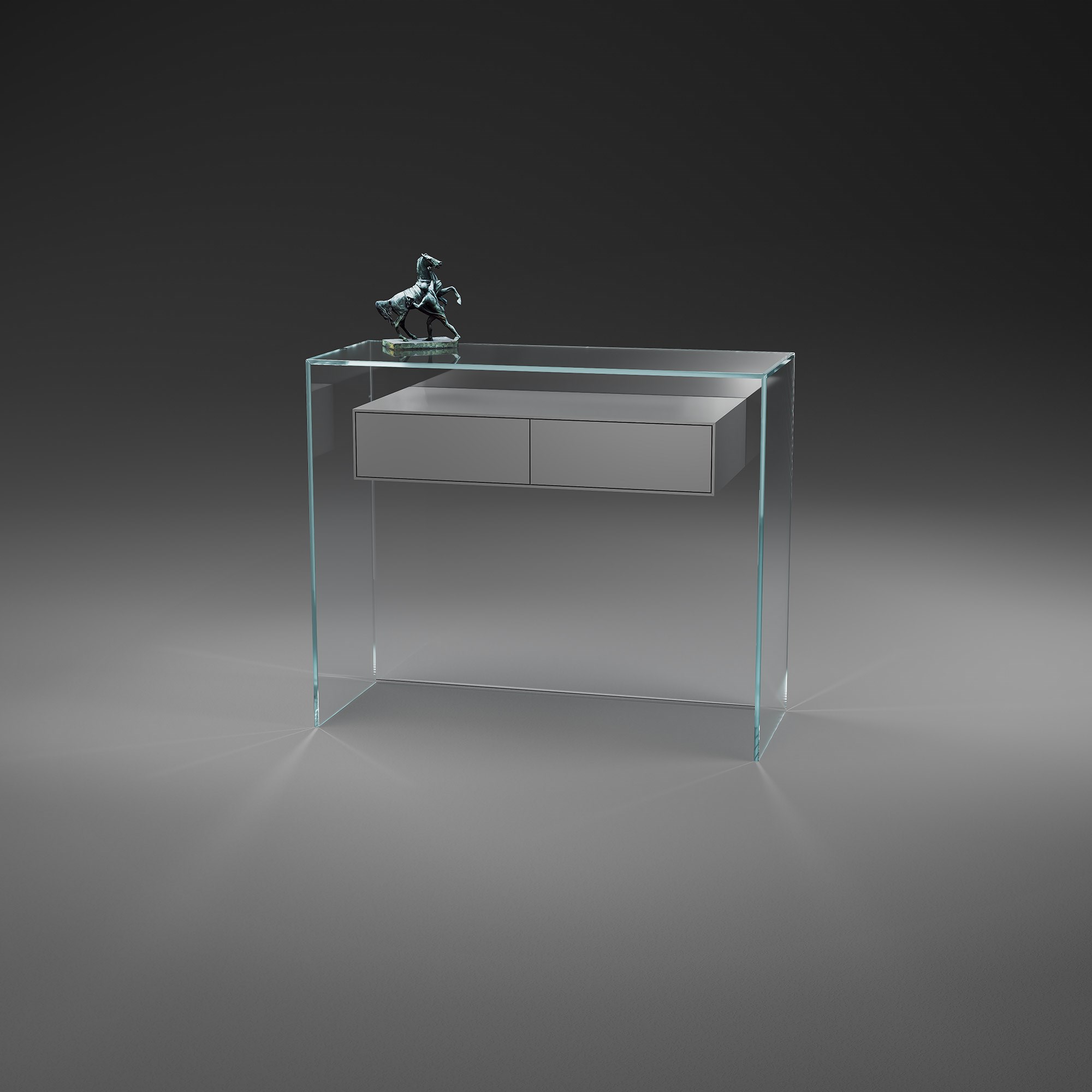 Glass console table with drawer FLY 91 by DREIECK DESIGN - OPTIWHITE - drawer element MDF silk mat window grey