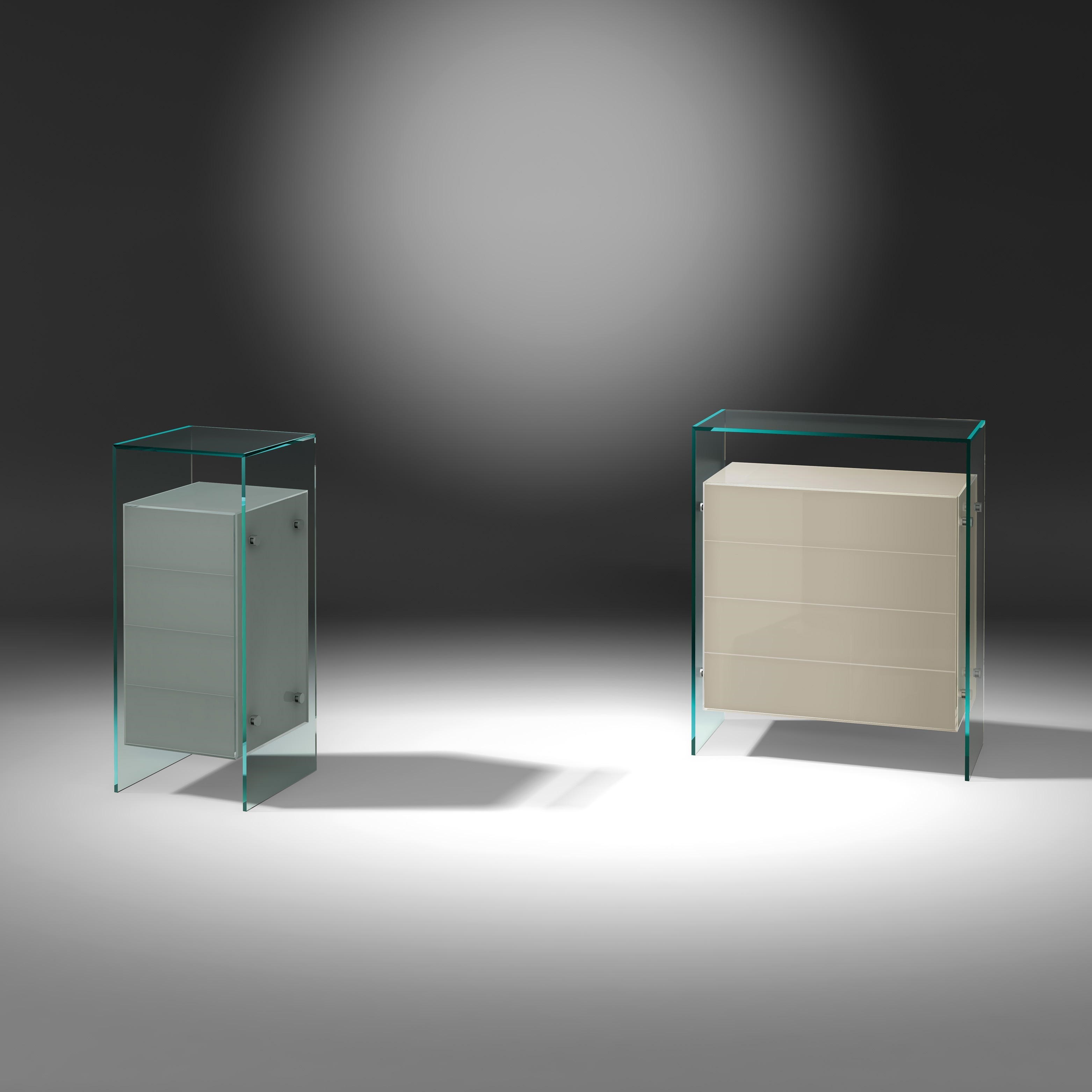 Designer-Glaskommode FUSION von DREIECK DESIGN: FUSION 44 OPTIWHITE samtcolor betongrau + FUSION 84 - OPTIWHITE - color seidengrau