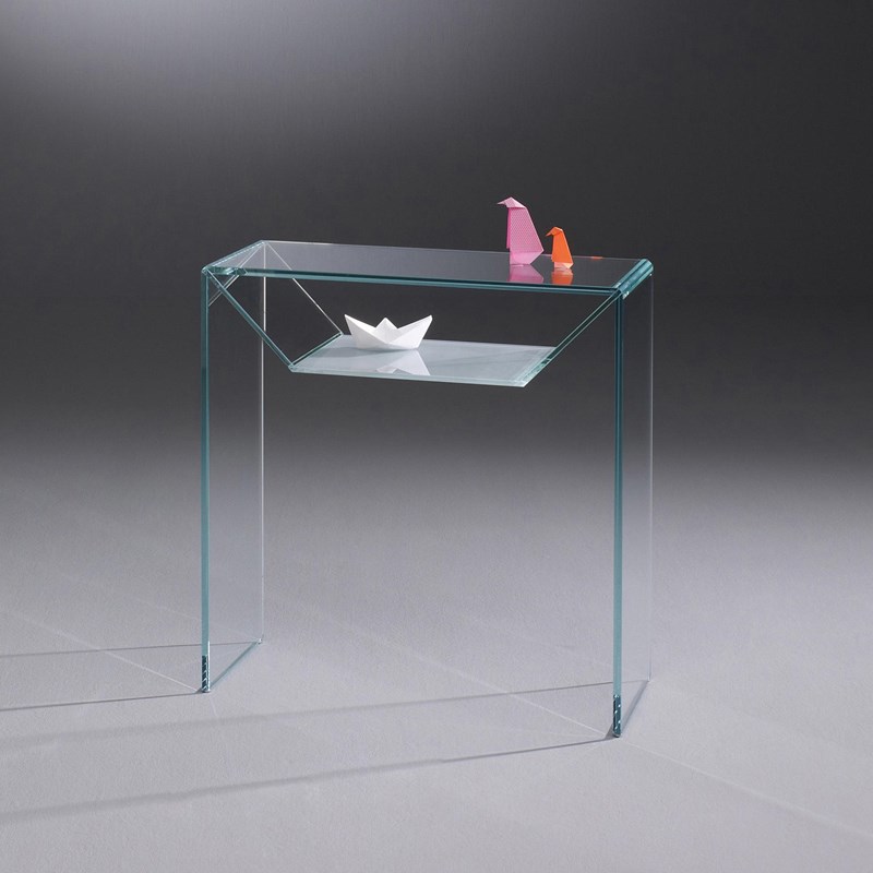 Glass console table BRIDGE by DREIECK DESIGN: B 88 - OPTIWHITE + shelf window grey