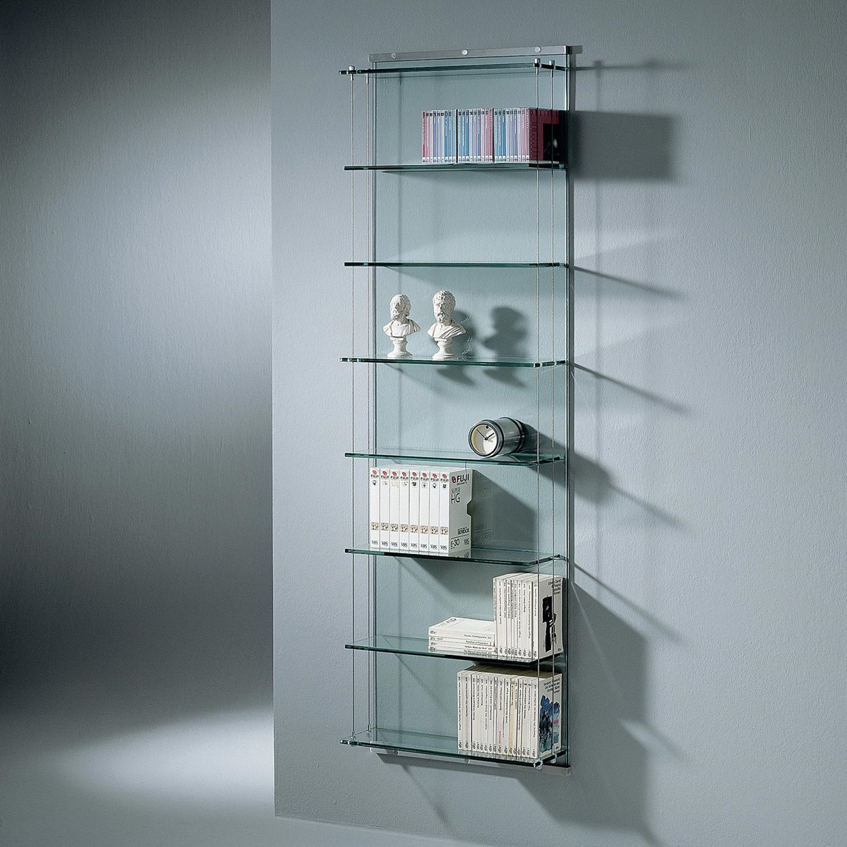 DREIECK DESIGN - glass bookshelf BOOKLET- FLOATGLASS - shelves clear + back panel satinated