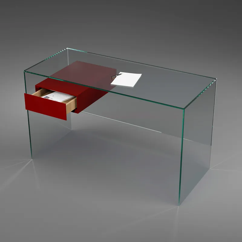 FLY · Floatglas klar · MDF Rubinrot RAL 3003