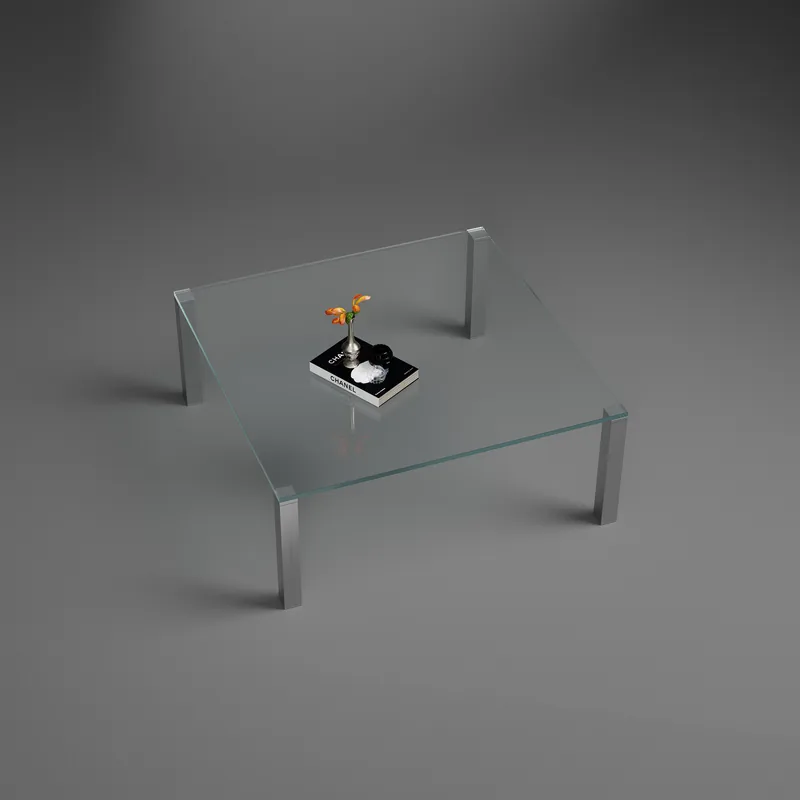 Glass and stainless steel coffee table - QUADRO 1140 - Glass Optiwhite Clear - Table legs brushed stainless steel - Top view