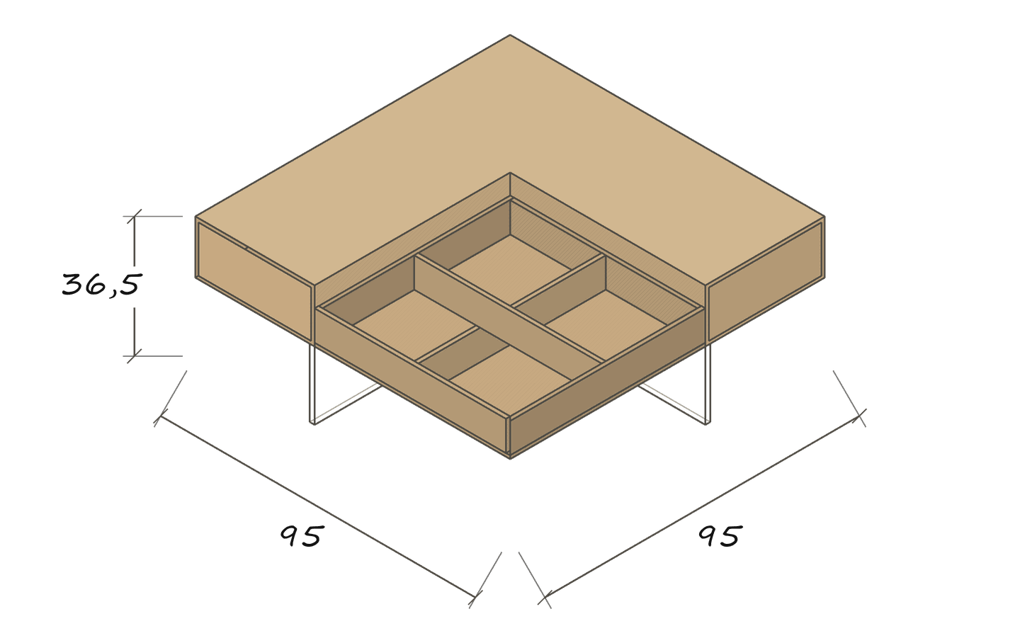 Isolated dimension drawing MONUMENT · Tray removed · Four compartments beneath