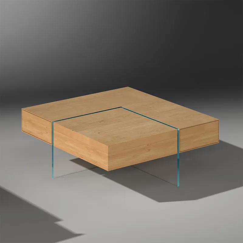 MONUMENT coffee table with two drawers and a reversible tray · Solid oak · 95 × 95 × 36.5 cm