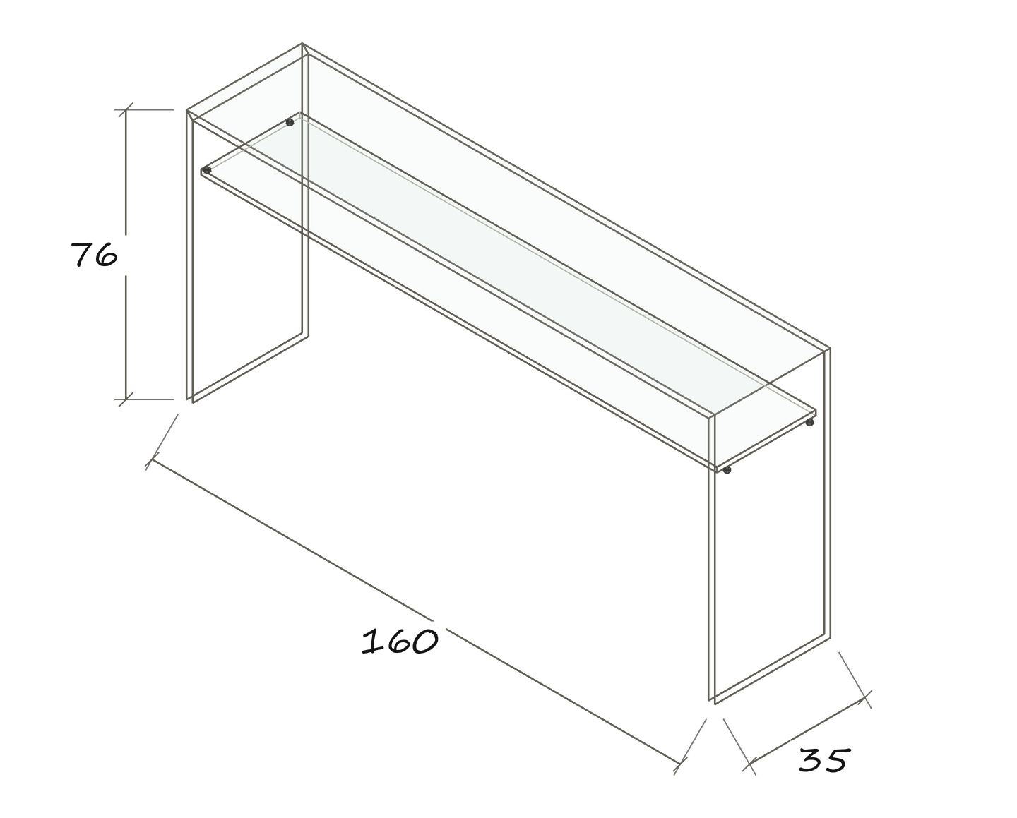 Isolated dimension drawing ARCADIA MAGNUM 160 x 35 x 76 · With Shelf · Dimensions in cm