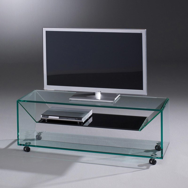 DREIECK DESIGN - glass tv rack BRIDGE 124 - FLOATGLASS clear - shelve color jet black