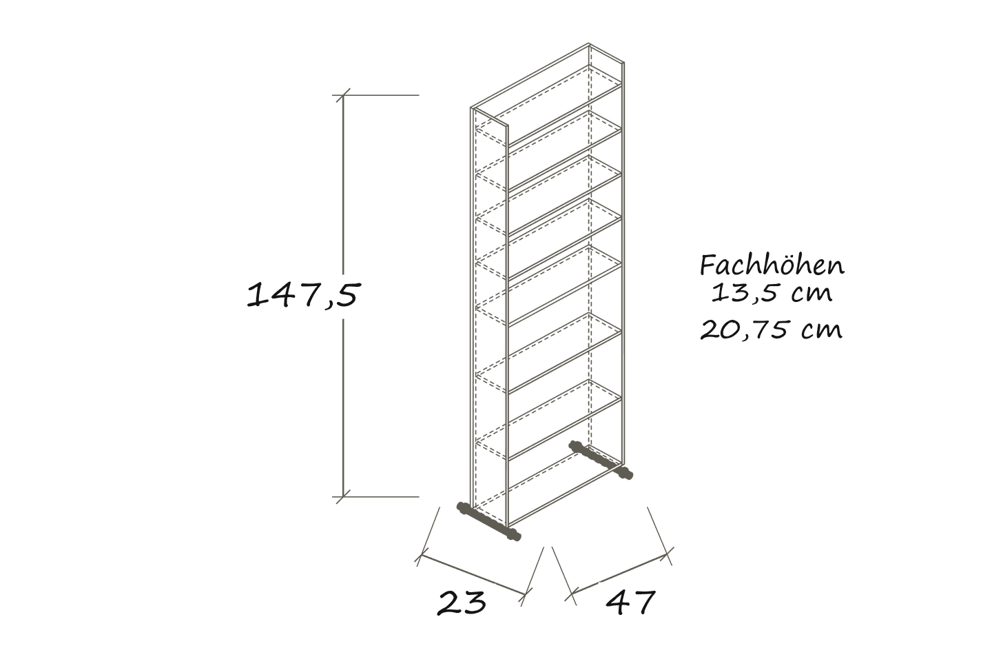 Freigestellte Maßskizze DC 360 T: 47 × 23 × 147,5 cm · Fachhöhen: 13,5 / 20,75 cm