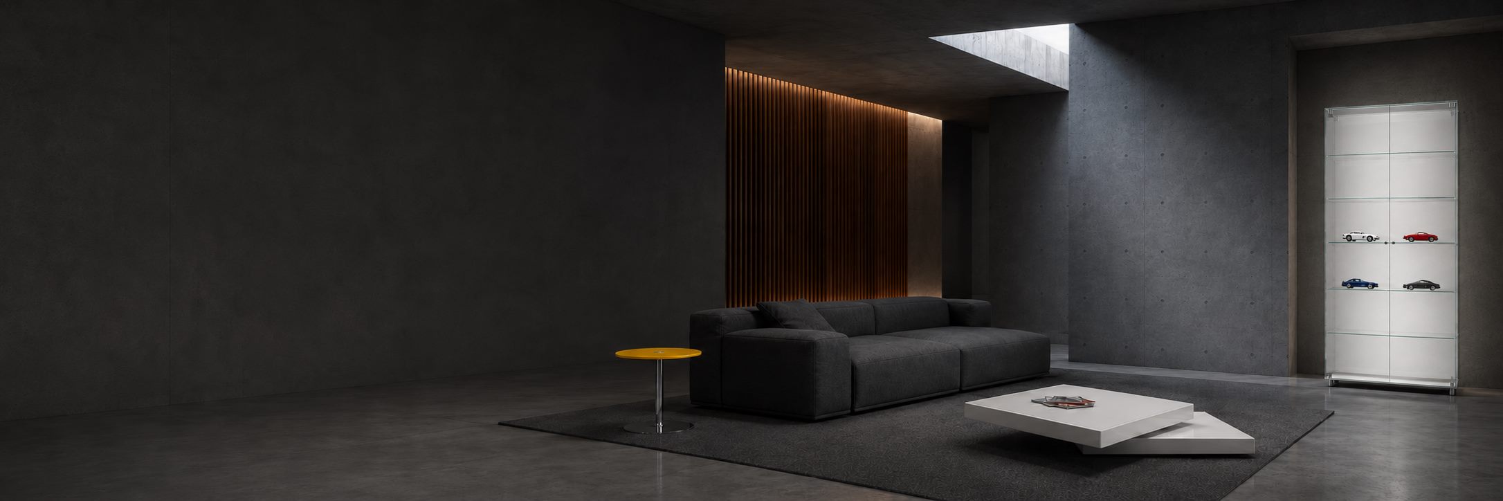 DREIECK DESIGN Glasmöbel im Industrial Style mit orangefarbenem ORA Beistelltisch, URANUS Couchtisch und SOLUS XL Glasvitrine