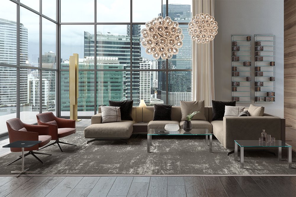 Modernes Wohnzimmer mit dunklem Boden
