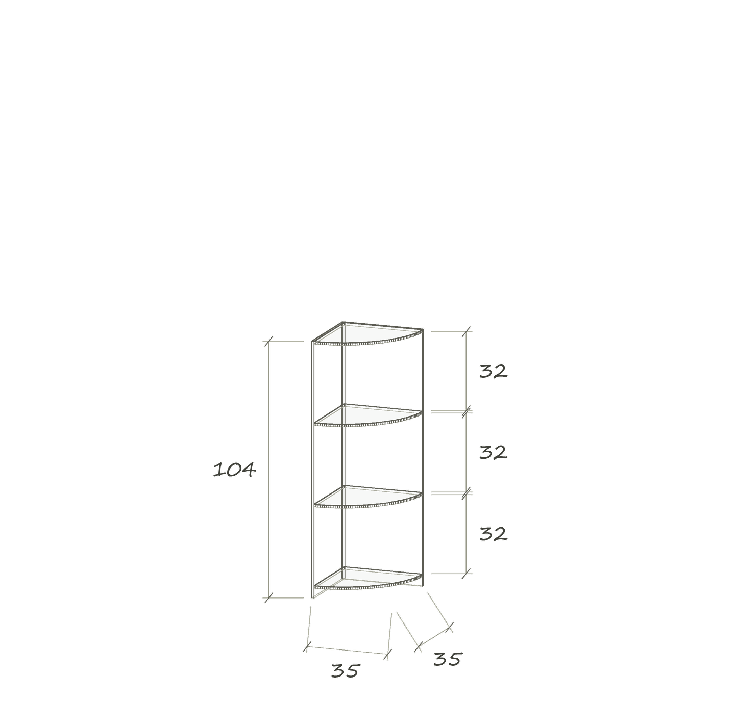 T II E · 35 × 35 × 104 cm · Viertelkreis · Eckregal · Maße in cm