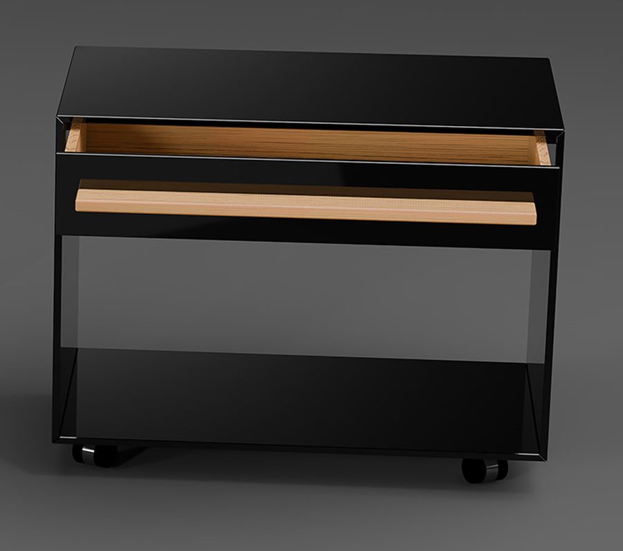 PIANO with an open drawer, dark grey Parsol glass and an oak handle