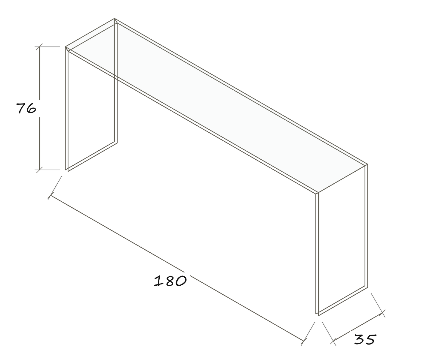Isolated dimension drawing ARCADIA MAGNUM 180 x 35 x 76 · without a shelf · Dimensions in cm