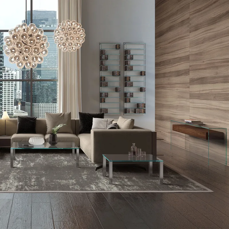 Glass and stainless steel coffee table - QUADRO 2740 and 9640 - Glass Optiwhite Clear - Table legs brushed stainless steel