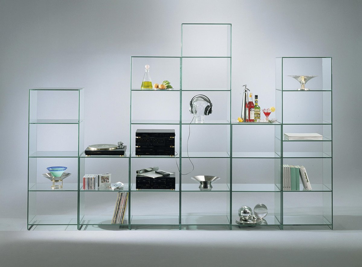 Glass shelves TOURELLE by DREIECK DESIGN: T III + T I + T IV + T V + T II + T IV (with additional shelf) - FLOATGLASS