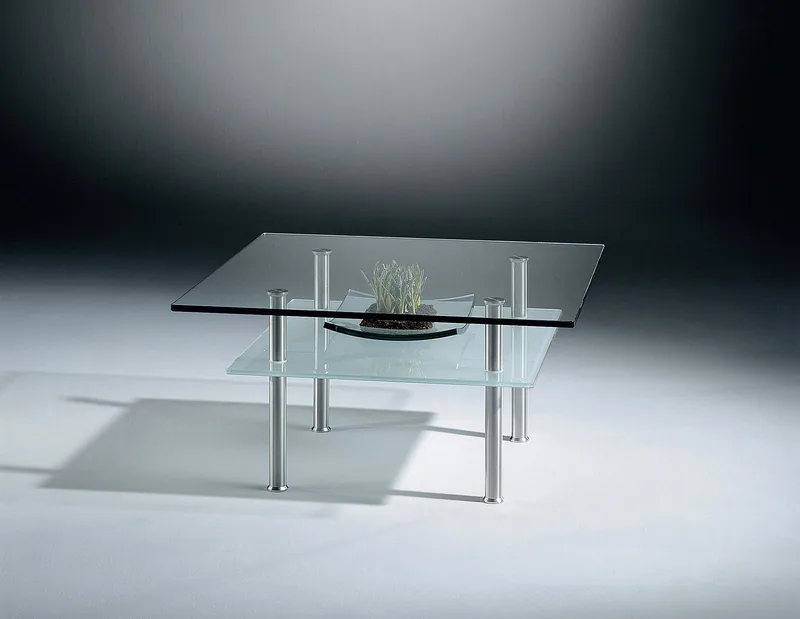 Glascouchtisch SIRIUS double von DREIECK DESIGN: Sd 9977- FLOATGLAS - Zwischenplatte satiniert - Rundecken - Tischfüße Edelstahl gebürstet