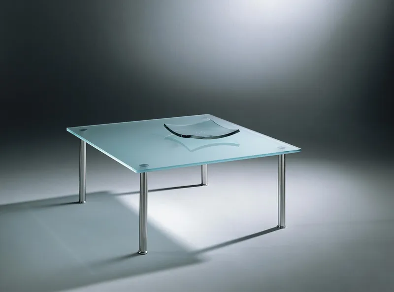 Glass coffee table SIRIUS by DREIECK DESIGN: S 9940 - Floatglas Satin-finished - Rounded corners - Table legs brushed