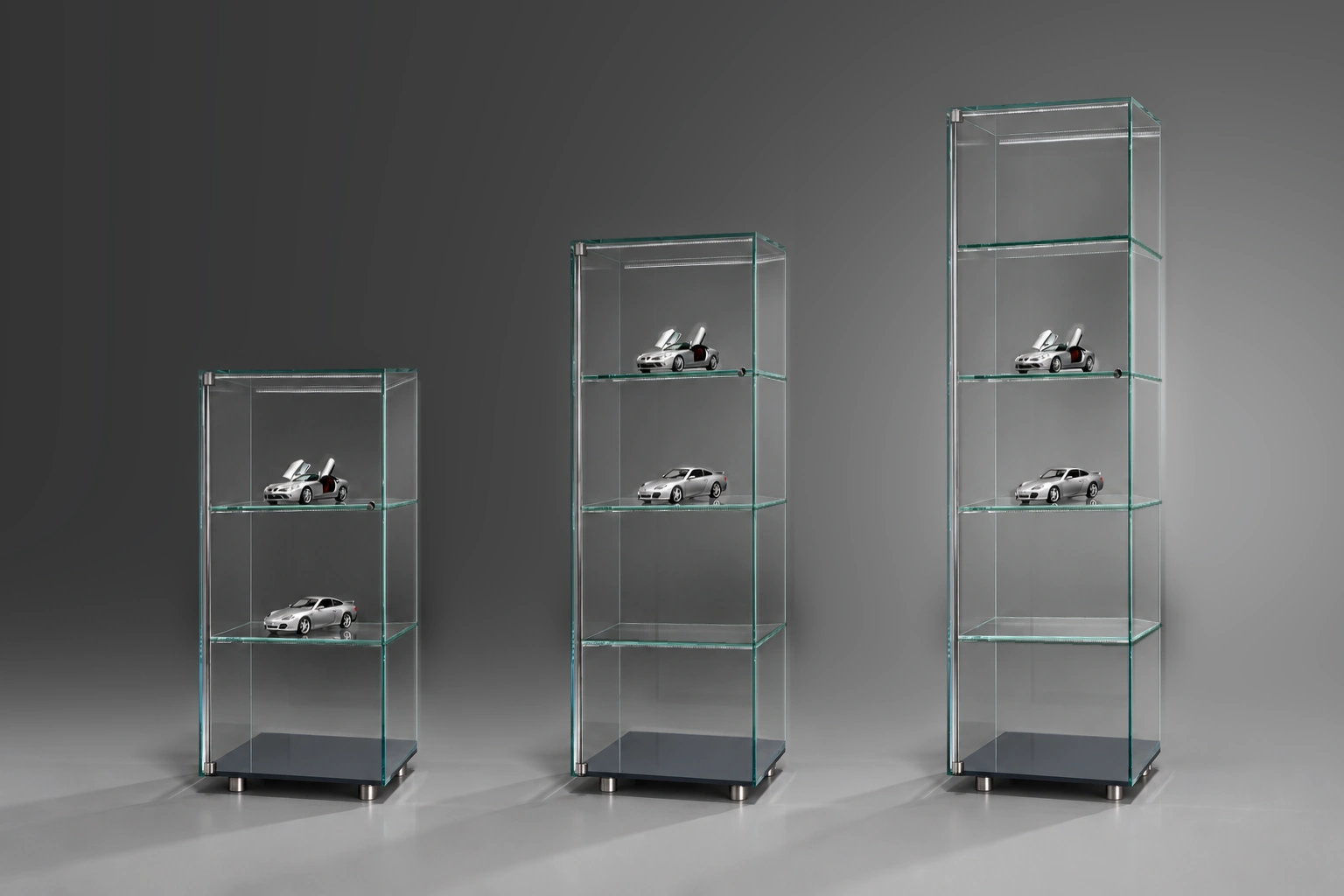 SOLUS LED LINE · Floatglas · Clear back · Anthracite grey base · Three heights at the same scale · Material illustration
