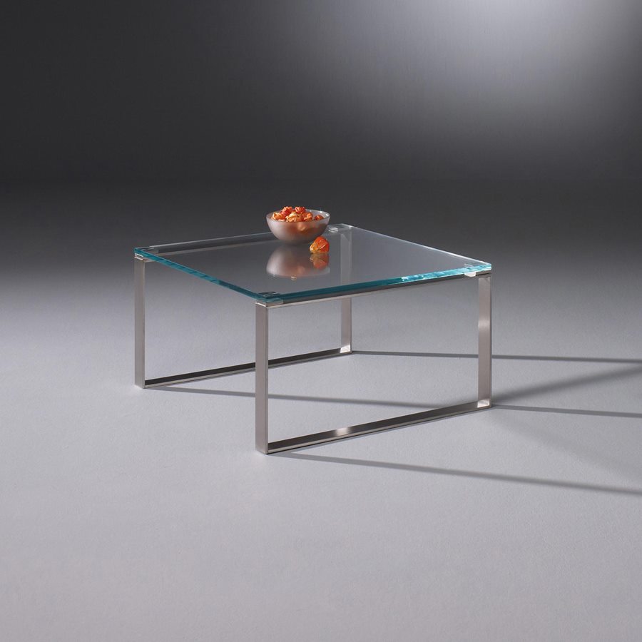 Quadratischer DAVIS mit klarer Glasplatte und Edelstahlkufen