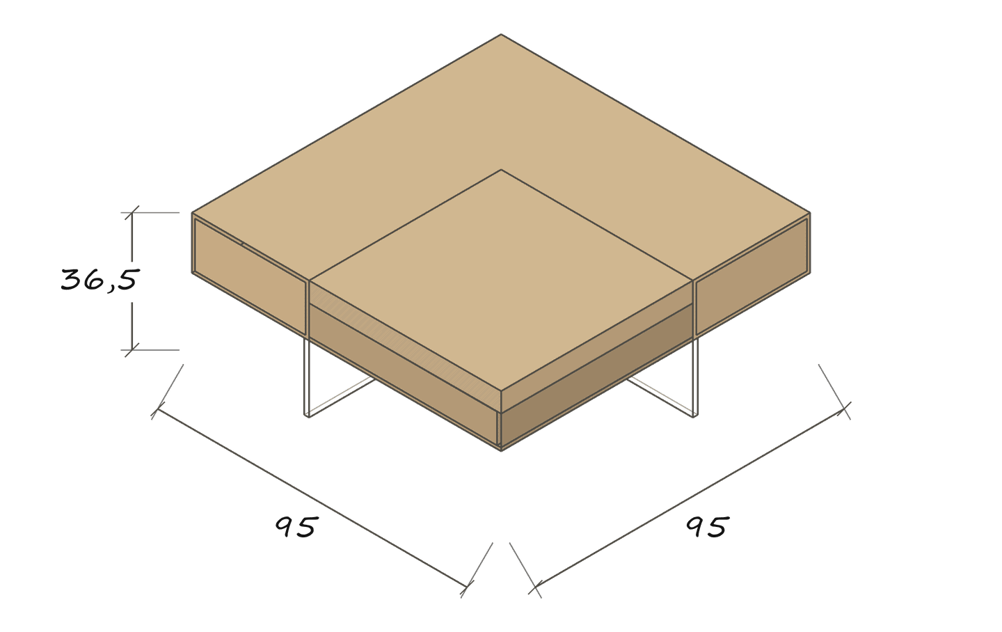 Isolated dimension drawing MONUMENT · Tray turned over · Flush flat surface