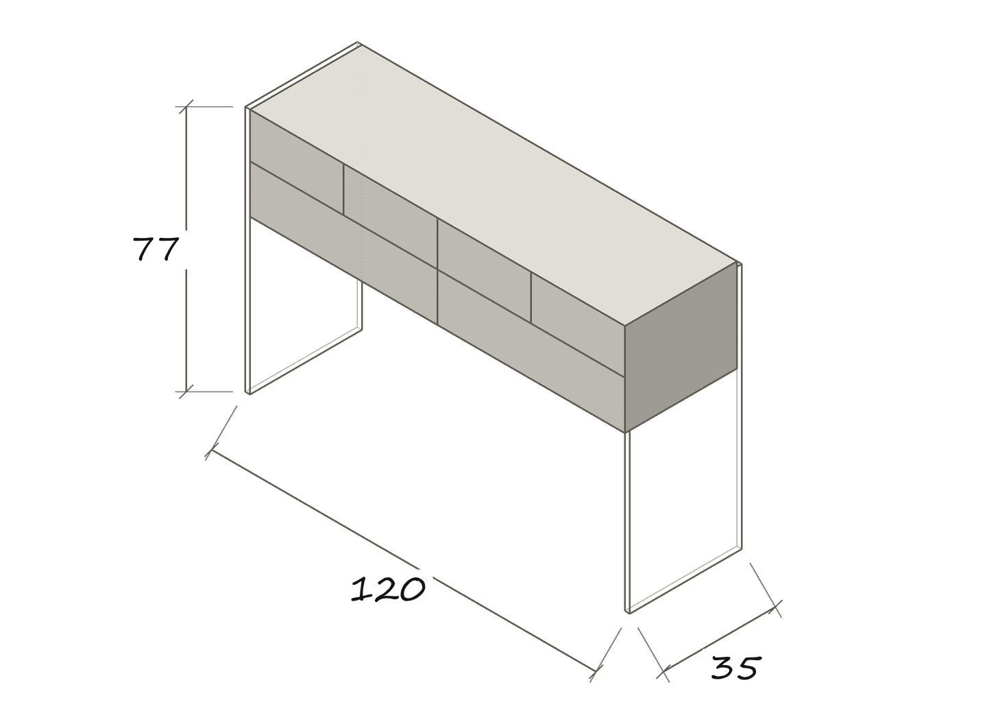 Freigestellte Maßskizze FLAIR 120 x 35 x 77 · Maße in cm
