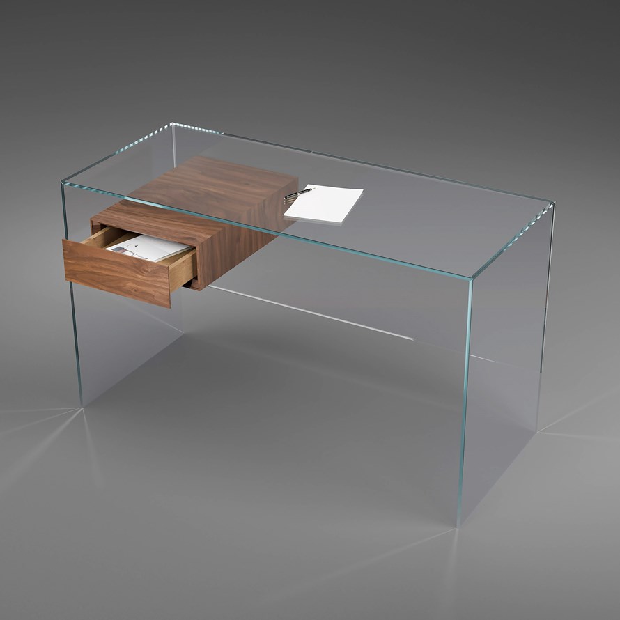 Arbeitszimmer im Schlafzimmer integrieren - kleiner Schreibtisch aus Glas mit Schublade aus Massivholz Nussbaum FLY