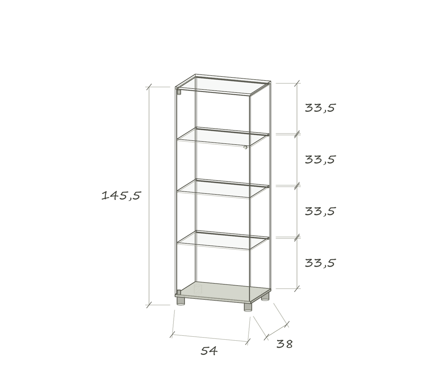 S III LED LINE · 54 × 38 × 145.5 cm · Single cabinet · Left-hand hinges · Dimensions in cm