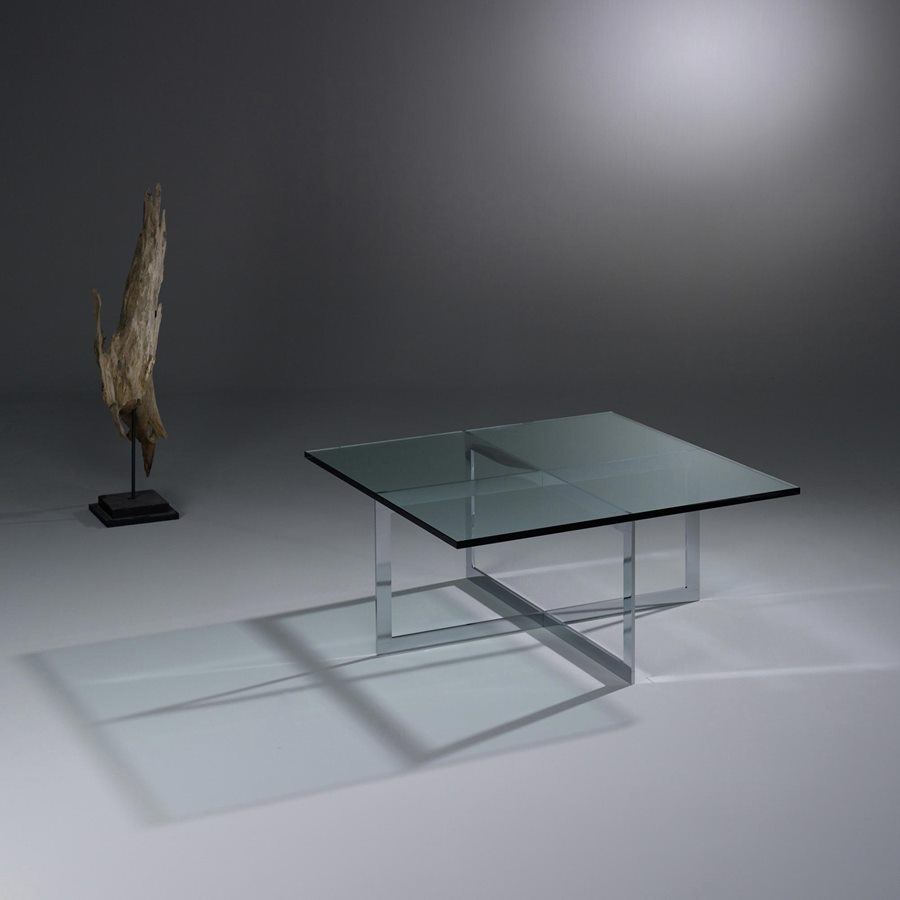 Quadratischer MILES mit klarer Glasplatte und verchromtem Kreuzgestell