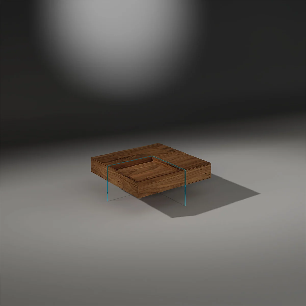 MONUMENT coffee table with two drawers and a reversible tray · Solid walnut · 95 × 95 × 36.5 cm